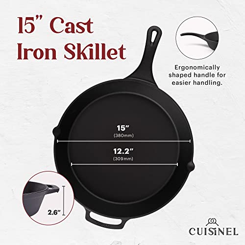 Image of Cast Iron Skillet + Pan Scraper - 15 inch-Inch Pre-seasoned Frying Pan + Heat-Resistant Silicone Handle Grip - Oven-Safe Kitchen Cookware - Indoor /Outdoor Use - Camping, Grilling, BBQ, Open Fire Safe