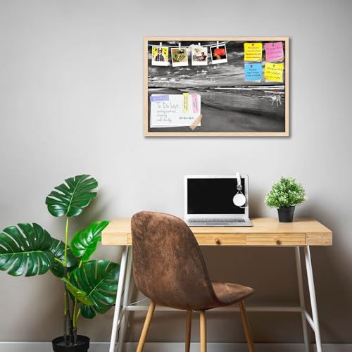 Image of ArtzFolio Sea, Air, & Land Monochrome Contrast | Bulletin Board Notice Pin Board | Vision Soft Board Combo with Thumb Push Pins & Sticky Notes | Natural Brown Frame | 24 x 16 inch (61 x 41 cms)