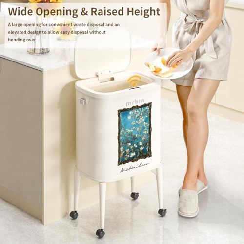 Image of MRBIN Metal Motion Sensor Kitchen Trash Can with Wheel Legs, Slim Waste Basket with Lid 36L / 9.5gal, Narrow Garbage Pail for Vanity, Bedroom, Bathroom, Living Room, Almond Blossom