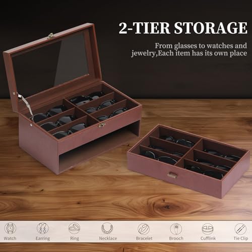 Image of AUTOARK Leather & Velvet 12 Piece Eyeglasses Display Case,Coffee,AW-164 | Clear Lid,Storage and Sunglass Organizer,Drawer Lockable
