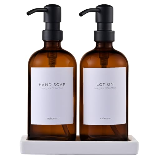 MaisoNovo Spülmittelspender Glas 2er-Set - 500 ml Bernstein Spüli Und Seifenspender Küche mit Schwarz Pumpen, mit Weiß Keramik Tablett, Wasserfeste Etiketten 1