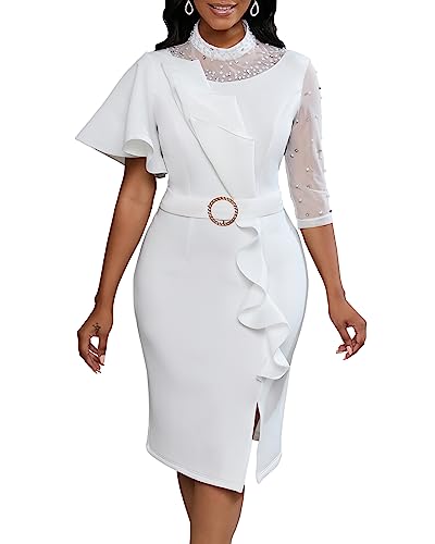 VERWIN Women's Mesh Patchwork Bodycon Midi Dress Bead Long Sleeve Ruffle Prom Dress Party Dress L White