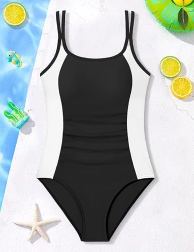 Image of CRISONE Girls One Piece Swimsuits Adjustable Straps Bathing Suit Color Block Padded Pool Beach Swimwear 9-16Y