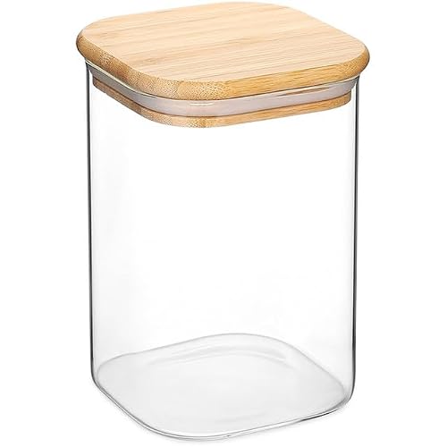 Jomafe Glass Storage Jar with Bamboo Lid – Airtight Transparent Food Container for Coffee, Tea, Sugar, Spices, Multi-Grain, Pasta, Snacks, Nuts, Flour, Rice & Dry Goods (1100ml)