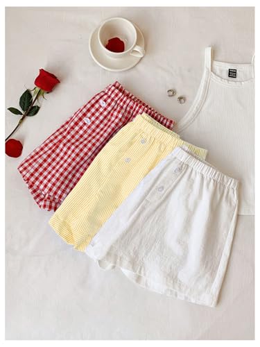 Image of MakeMeChic Women's 3 Pack Linen Shorts Gingham Striped Beach Shorts | Summer, Plaid, Cover Up Shorts