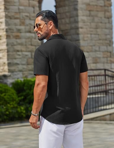 Image of COOFANDY Men's Linen Shirts Short Sleeve Button Down Shirt Casual Summer Beach Shirts with Pocket