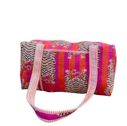 Large Size Indian Handmade Block Print Quilted Bag, Decorative Tiger Print Weekender Bags, Beautiful Colorful Travel Overnight Bags, Cotton Quilted
