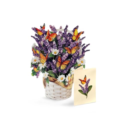 Freshcut Paper Pop Up Cards, Mini Lavender & Butterflies, 5.5 Inch Life Sized Forever Flower Bouquet 3D Popup Greeting Card, Birthday Cards, Thank You Card, Blank Notecard & Envelope
