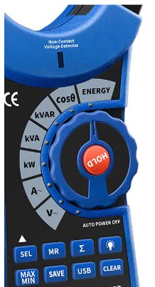 VIHELM DT-3353 TrueRMS Digital Clamp Ammeter Multimeter in use, measuring current on industrial busbars.