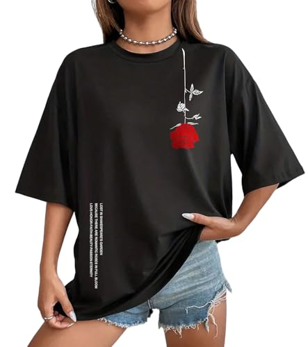 UOUA Women Oversized Graphic T-Shirt Casual Cotton Tees Printed Summer Tops