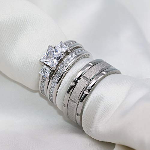 TWO RINGS Wedding Ring Sets His And Hers Promise Ring Couples Bridal Sets Women 925 Sterling Silver square Cz Man Stainless Steel Brushed Finished Wedding Bands by LOVERSRING - Image 2