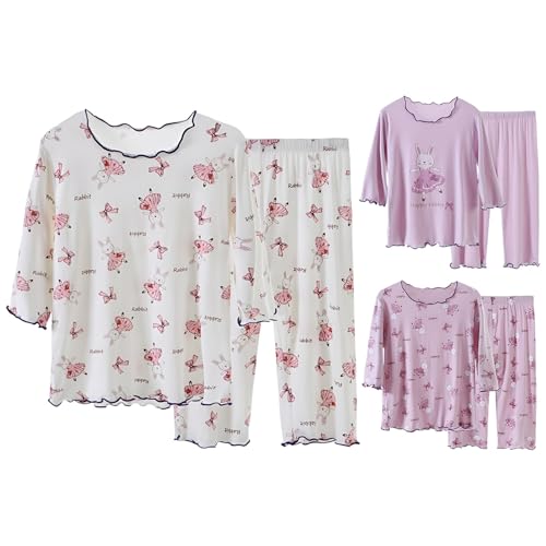 Girls Ice Silk 𝐏ajamas Set Cute Rabbit Long Sleeve Lightweight Shirts Elastic Waist Pants Set Soft 𝗦leepwear