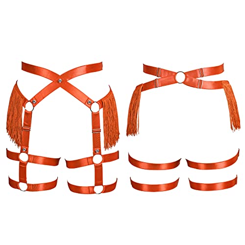 Fashion Lady Body Harness Punk Gothic Tassel Garter Belts Leg Strap Full Cage Halloween Rave Photography Dance (Orange) #TOP1