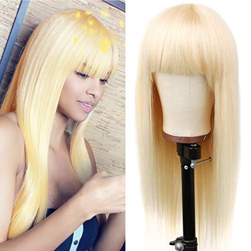 Kelissa bob 613 Blonde Straight Human Hair Wigs with Bangs Full Machine Made bob Wigs Brazilian Virign Straight Wigs Honey Blonde bob Human Hair Wigs 150% Density for Black Women.