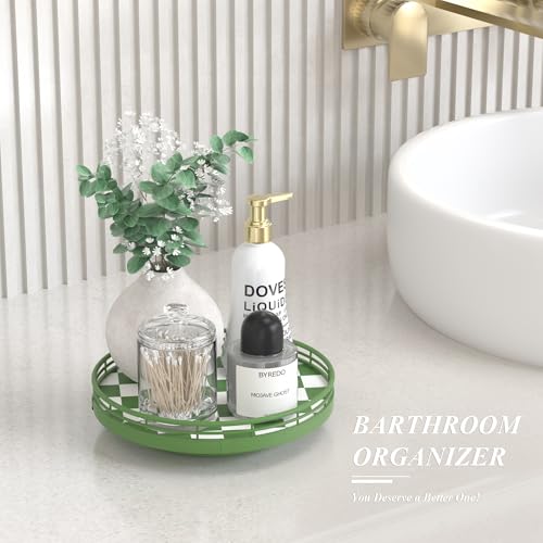 Image of Premium Rubber Wood Lazy Susan Turntable, Green White Checkerboard Decorative Serving Tray, Hand-Welded Metal Railing, Stable Rotating Organizer for Dining Table, Kitchen Counter, Coffee Table Decor