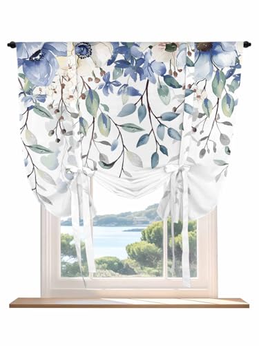 Tie Up Curtains for Windows Eucalyptus Flowers Roman Shade 52 x 63 Inch Bathroom Curtain Window Botanical Blue White Floral Leaves Rod Pocket Short Balloon Curtains for Living Room Kitchen Blinds