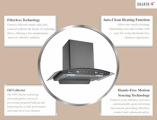 Image of Sujata Chimney For Kitchen 60cm | 12 Yrs Warranty on Motor & 5 Yrs on Whole Product | 130 W Motor, 1350 m /hr, Kitchen Chimney For Home, Filter Less Auto Clean With 3 Speed Motion Sensor (Pearl Black)
