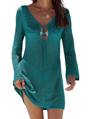 Häkelkleid für Damen, Strandkleid, ausgehöhlter Schlitz, Badeanzug, Sommer, Badeanzug, Bikini, Überzug, B-grün, S