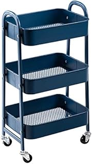 DOEWORKS 3-Tier Storage Cart Rolling Trolley Cart Metal Utility shelves with Wheels and Handles for Kitchen Makeup Bathroom Office, Navy Blue