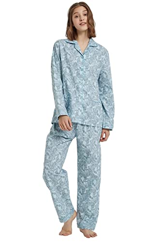 GLOBAL Conjunto de Pijama Mujer 100% Algodón Manga Larga Botones Mujer Ropa Dormir Suave Transpirable PJS S-XXL