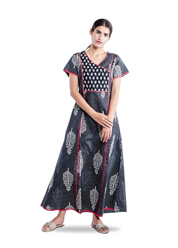 Image of NIHSAMAH Cotton Night Gown for Women - Angrakha Style Nighty, Comfortable Sleepwear /Nightwear /Maxi