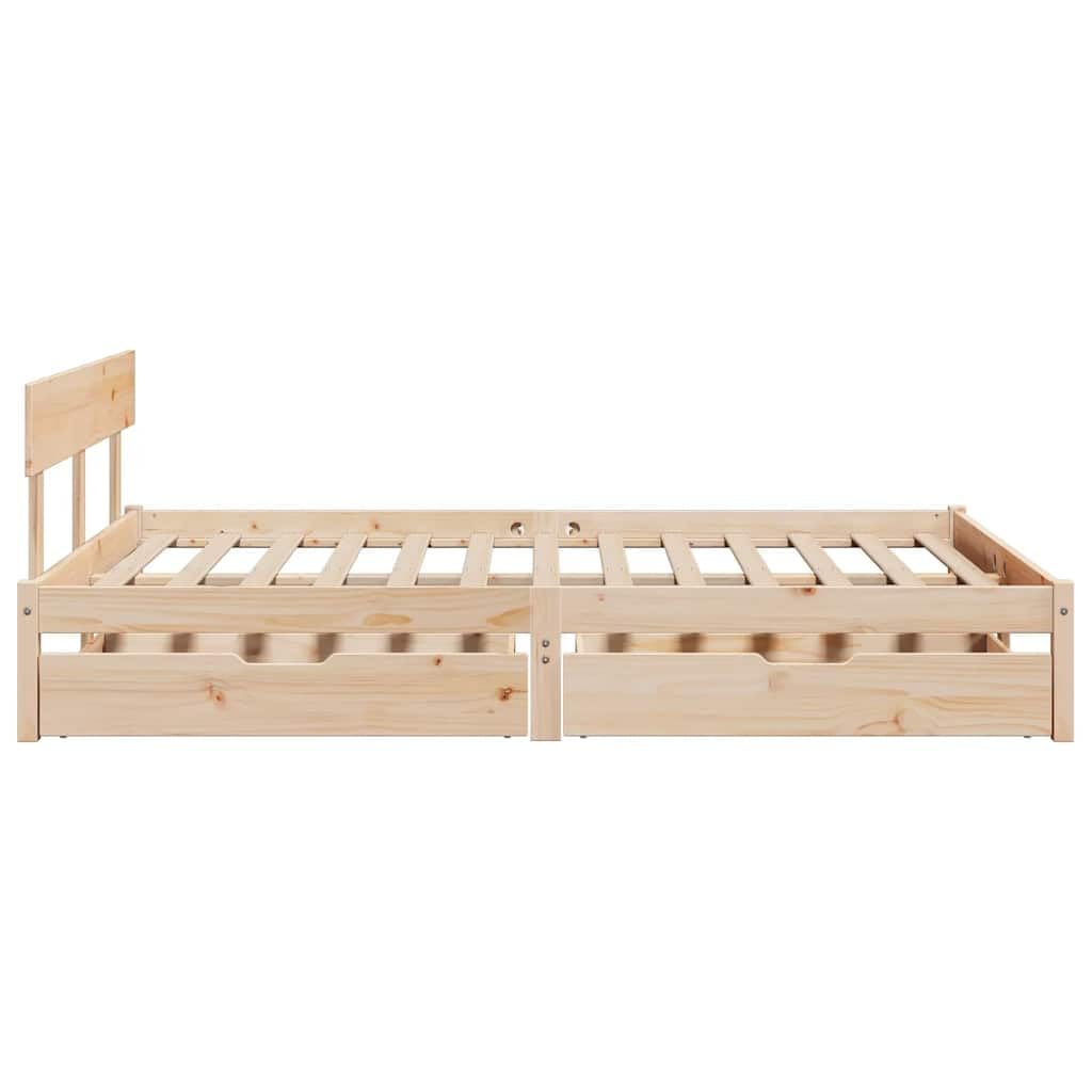 Estructura de Cama de Madera Maciza de Pino para Dormitorio de 140x190 cm con Base de Listones y cajones con Ruedas, Soporte Resistente y diseño rústico Ideal para Descanso y Almacenamiento