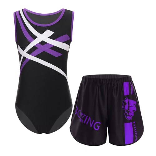 YEAHDOR Uniforme Boxe Bambini 2 PZ Set Body Ginnastica Artistica Senza Manica Jumpsuit Sportivo con Pantaloncini Kick Boxing Arti Marziali MMA Shorts Sportwear Viola 5-6 anni