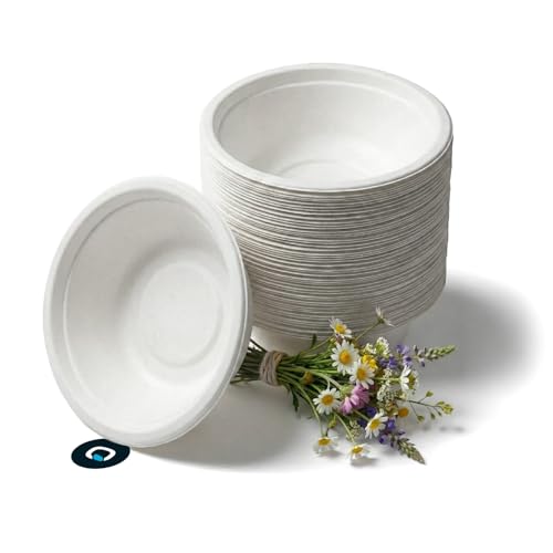 MAQA 50 Piatti Fondi Biodegradabili e Compostabili Ø 19 cm - Capacità 680 ml, Piatti Bianchi In Polpa di Cellulosa 100% Bio – Resistenti a Caldo e Liquidi – Piatti Ecologici per Feste, Barbecue, Casa