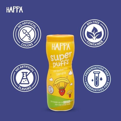 Image of Happa Organic Multigrain Melts Teething Super Puffs (Healthy Organic Snack for Little One, 8 Months+) Apple & Cinammon + Strawberry & Banana + Vanilla & Blueberry (Pack of 3)