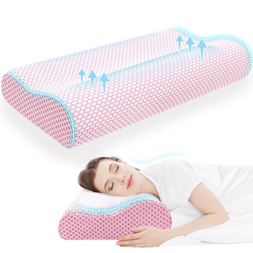CloudBliss Memory Foam Pillow, Ergonomic Neck Contour Cervical Pillow for Back and Shoulder Pain, Orthopedic Pillow for Neck Pain Relief, for Sleeping Side, Back, Stomach Sleepers - Pink, Queen