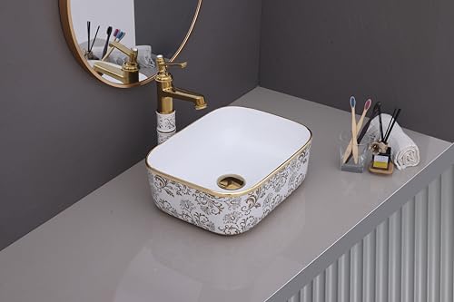 Image of LUXART Ceramic Vessel Sink, Countertop basin White with Gold Floral Art Pattern, 16 x 12 x 6 Inch Rectangular Shape Tabletop Wash Basin for Luxury Bathrooms