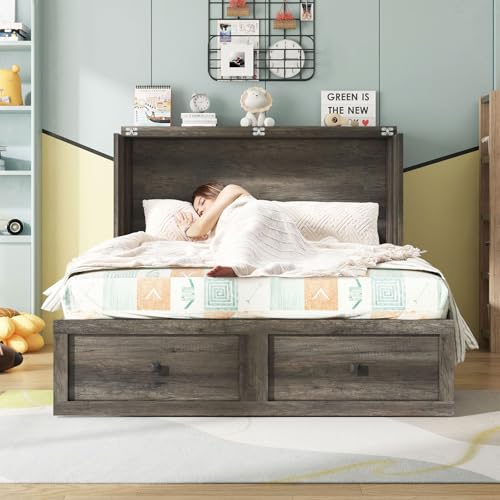 Image of AMERLIFE Full Murphy Bed with Storage & Charging Station, Farmhouse Murphy Cabinet with Foldable Panel, Noisy Free, for Guest Bedroom, Living Room, Office, Rustic Grey