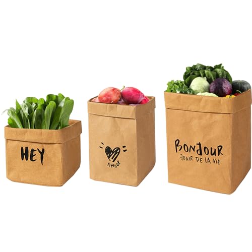 Set di 3 sacchetti di carta Kraft marrone per frigorifero, impermeabile, riutilizzabile, sacchetto di carta Kraft per alimenti pane, panino, frutta, verdura, spuntino, pranzo, cucina, caffè, campeggio