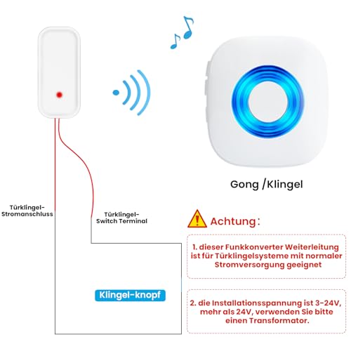 PHYSEN Funksignal Weiterleitung Batteriebetrieben, Funk Türklingel Weiterleitung Set, Nur für Türklingelsysteme mit normaler Stromversorgung geeignet, Zur Signalverstärkung bestehender Türklingeln