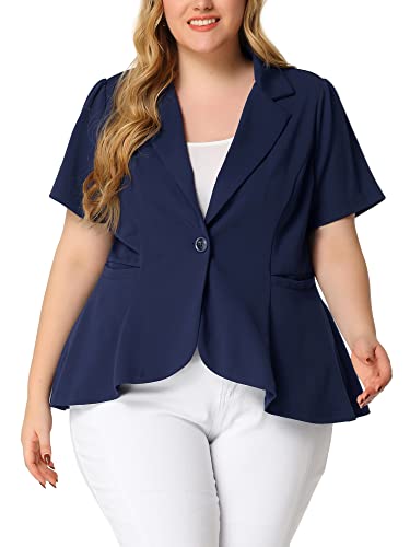 Agnes Orinda Plus Size Blazer for Women Short Sleeve Office Work Button Jacket Business Suit Blazers 3X Dark Blue