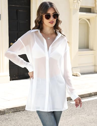 Gihuo Womens Sheer Blouse Mesh Button Down Shirts Long Sleeve Sexy See Through Tops