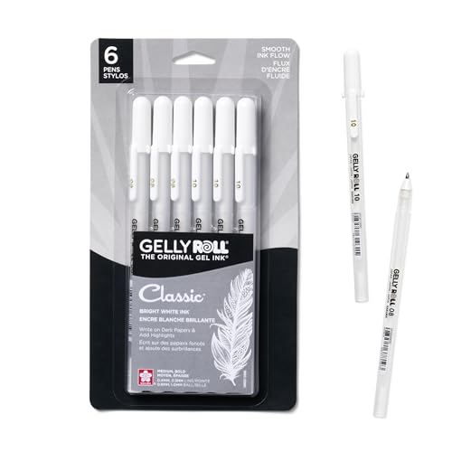 SAKURA Gelly Roll Gel Pens - Medium & Bold Tip Ink Pens for Journaling, Art, or Drawing - Classic White Ink - 08/10 Assorted Tip Sizes - 6 Pack