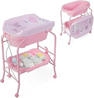 COSTWAY 4 in 1 Baby Changing Table, Folding Infant Nursery Station with Bath Tub, 4 Universal Wheels, PVC Pad and Storage Tray, Portable Newborn Massage Tables Diaper Organizer (Pink)