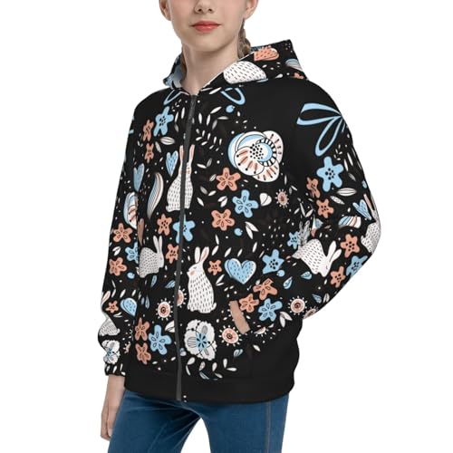 Floral with Rabbits Kid Hoodies Boys Zip Up Sweatshirts Girls Pullover with Pocket