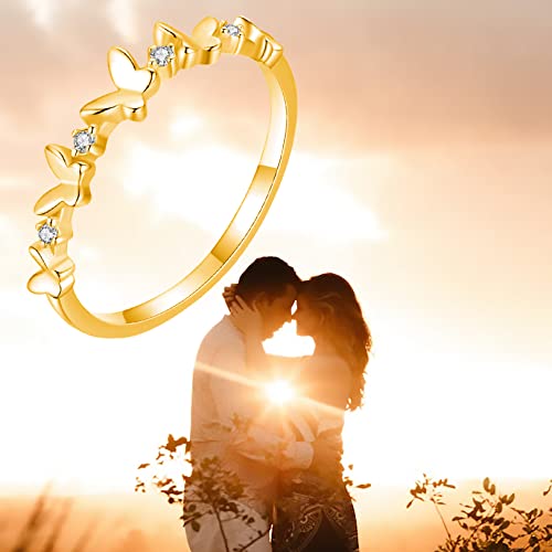 Sisgem Genuine Diamond Butterfly Rings In 10K 14K 18K Solid Gold For Women,Petite White Round-Cut 0.28 Cttw Diamond Rings Wedding Promise Eternity Bands With Engraved Name (Yellow) #TOP3