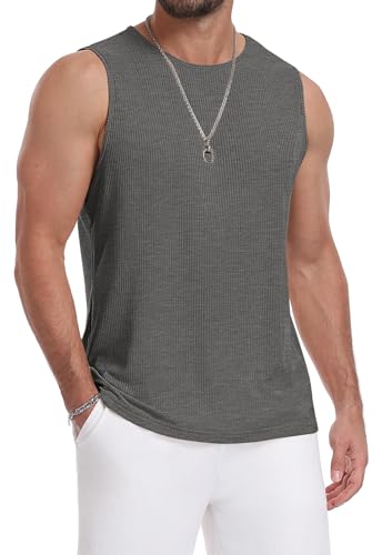 Image of MLANM Mens Vests Tops Sleeveless Tshirt Men Tank Top Summer Round Neck Ribbed Beach Vest for Holiday Gym, Dark Grey L