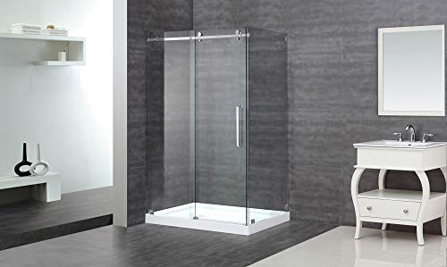 Aston Moselle 48\" x 35\" x 77.5\" Completely Frameless Sliding Shower Door Enclosure with Left Drain Base, Brushed Stainless Steel