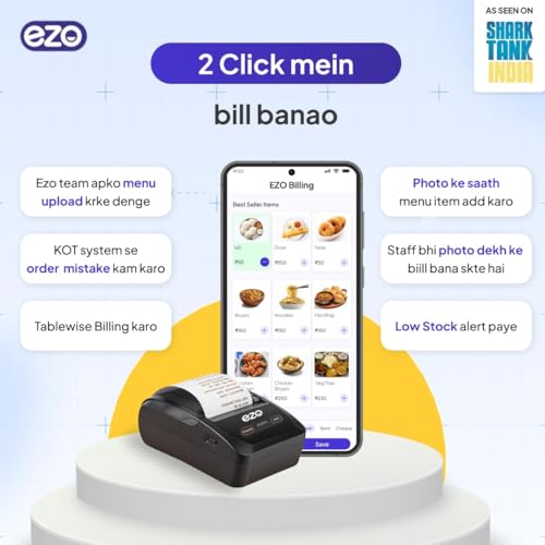 Image of EZO 58mm 2 Inch Printer + Software Subscription Direct Thermal Billing Machine with USB & Bluetooth Connectivity and Rechargeable Battery, Includes 5 Rolls & QR Review Standy (36 Months Software)