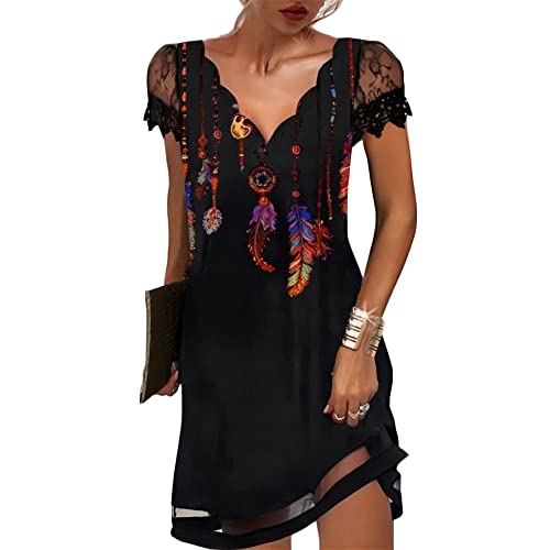 godoboo Femmes Robe Mini Robe Patchwork Sexy avec Dentelle Florale Manches Courtes Sexy Col en V Portefeuille Sexy Casual Dress Robes Cocktail Party Soirée Elegant Robes De Cocktail Cover