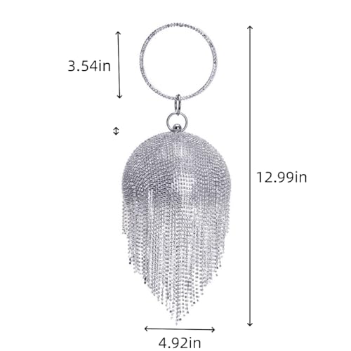 UMREN Women Round Ball Crystal Evening Clutch Purse Tassel Wedding Party Hand Bags Silver - Thumbnail 6