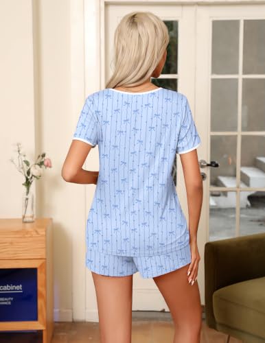 Image of Ekouaer Pajama Set for Women 2 Piece Lounge Set Short Sleeve Tops and Shorts Soft Sleepwear, Chest Pocket