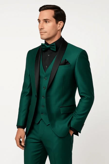 Mens Emerald Green Tuxedo with Black Satin Shawl Lapel – 3 Piece Formal Suit with Vest2