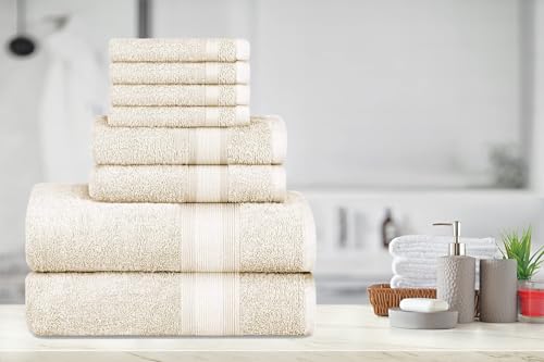 Image of DecorRack 8-Piece Bath Towel Set, Premium Combed Cotton, Highly Absorbent, Super Soft, Quick Dry, 2 Bath Towels, 2 Hand Towels and 4 Washcloths, Ivory Cream (Set of 8)