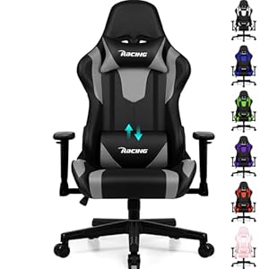 Gaming Stuhl, Bürostuhl Ergonomisch mit verstellbare Lendenkissen, Kopfkissen und Armlehnen,Gaming Chair Gepolstert,Gamer Stuhl Wippfunktion,Gaming Stuhl 150 kg Belastbarkeit