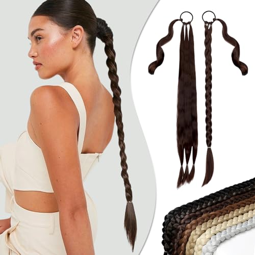 Wodelanle Medium Brown Straight Long Braided Ponytail Extension with Hair Tie, 26 Inch, Synthetic Heat Resistant Hair Piece for Women, Daily Wear